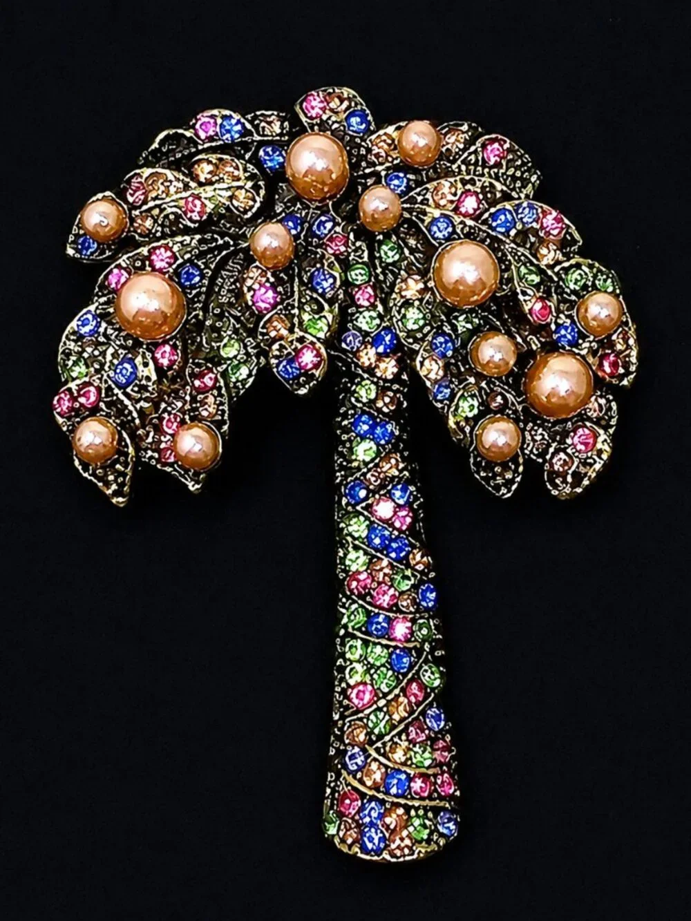 Palm Tree Brooch Pin Rhinestone Faux Pearls Vintage Style